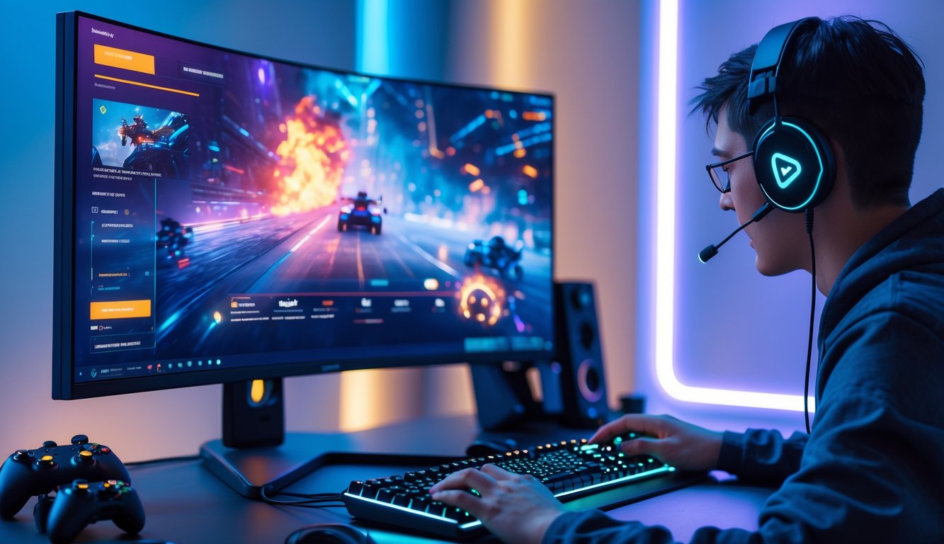 Seorang gamer sedang bermain game online di komputer dengan tampilan grafis yang jelas dan perangkat gaming modern di meja yang rapi.