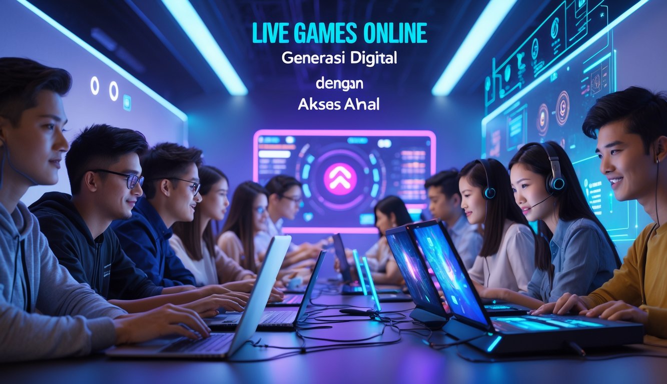 Beberapa orang muda sedang menggunakan perangkat digital untuk bermain game online di lingkungan modern dengan pencahayaan futuristik.