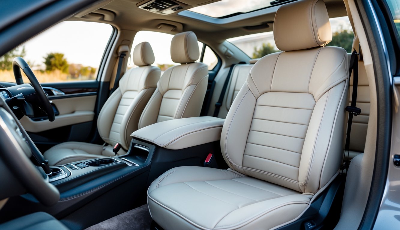 Interior mobil keluarga dengan jok mobil berdesain rapi dan nyaman, menampilkan penutup jok berkualitas tinggi tanpa teks.