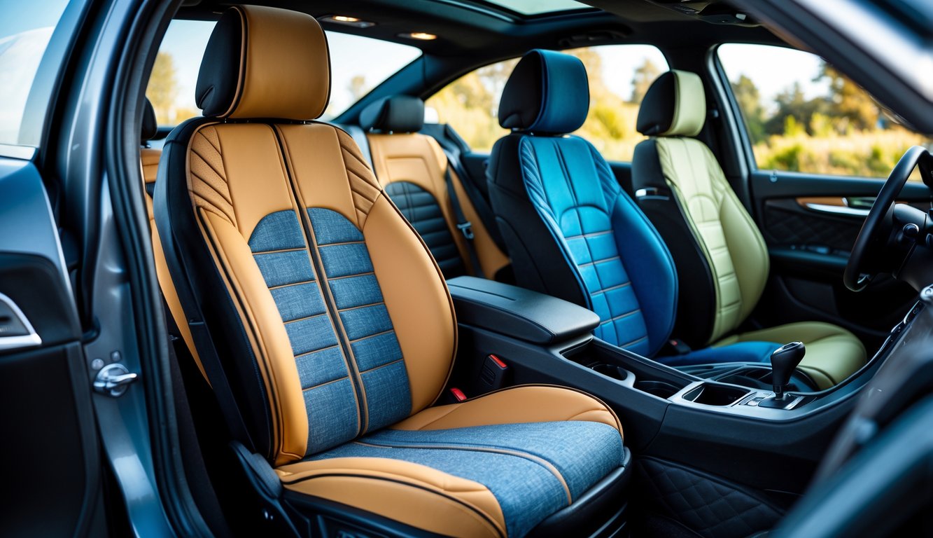 Interior mobil dengan berbagai desain cover jok mobil berwarna berbeda yang sesuai dengan warna dan interior kendaraan.