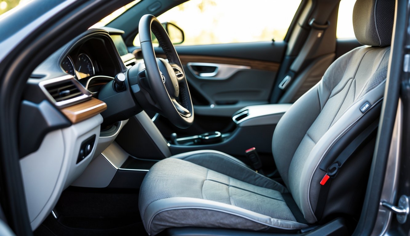 Interior mobil modern dengan penutup jok yang rapi dan sesuai warna serta desain interior kendaraan.