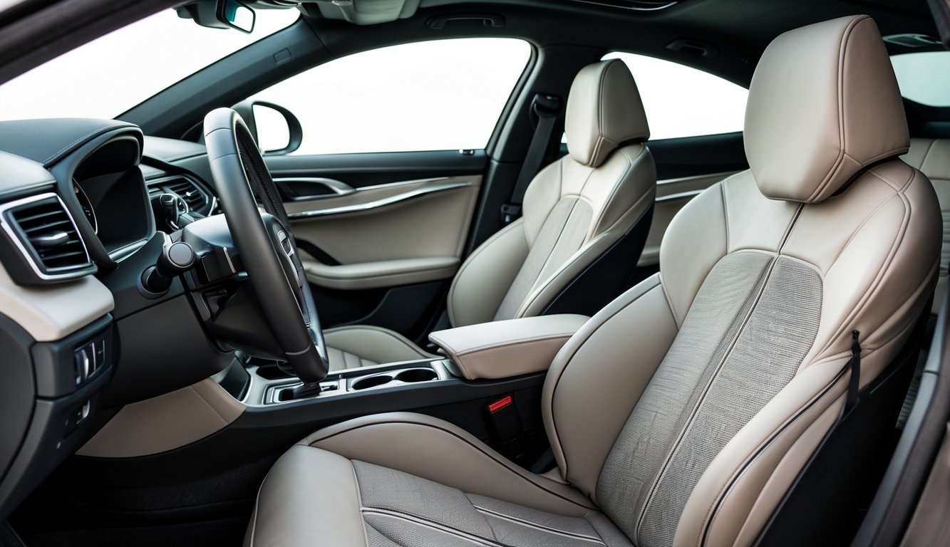 Interior mobil dengan jok mobil custom yang minimalis dan sporty, menampilkan jok depan dan belakang dengan bahan berkualitas.