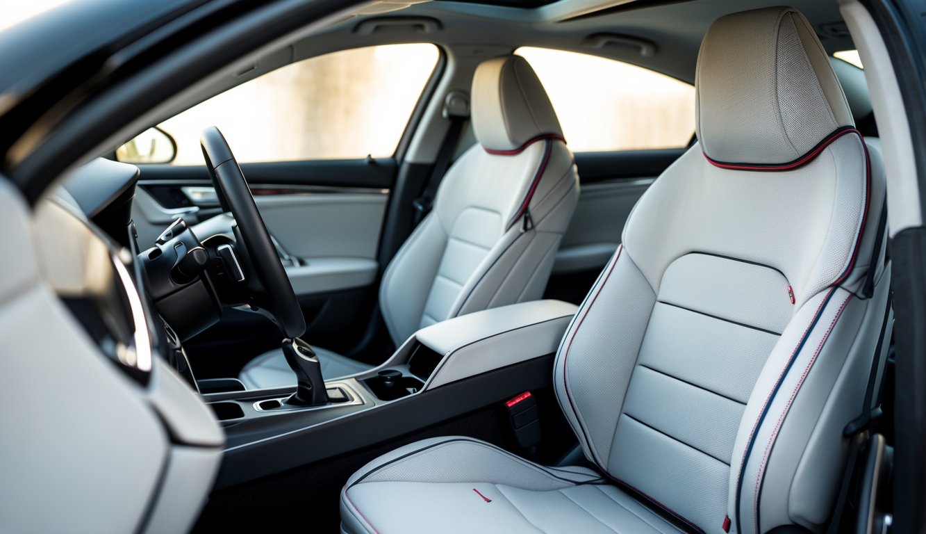 Interior mobil dengan cover jok mobil custom yang minimalis dan sporty, menampilkan jok yang rapi dan modern.