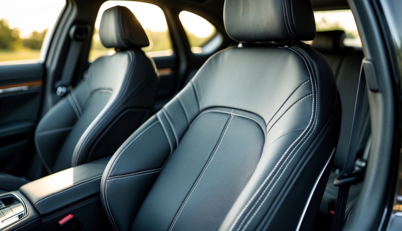 Penampakan jok mobil dengan cover yang rapi dan desain ergonomis di dalam mobil modern.