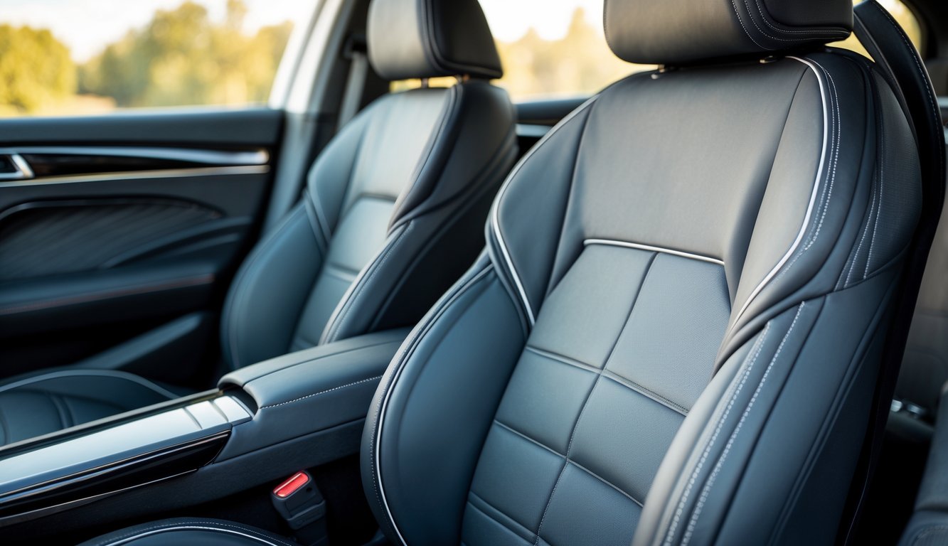 Tampilan dekat cover jok mobil dengan jahitan rapi dan desain ergonomis di dalam interior mobil modern.