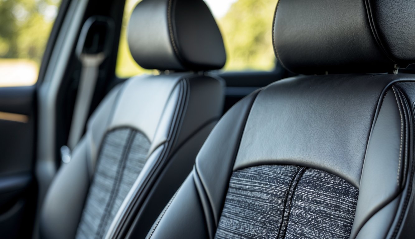 Interior mobil dengan jok depan yang dilapisi cover berbahan kulit sintetis dan kain berkualitas.