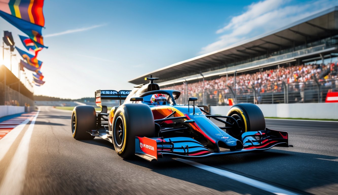 Mobil balap Formula 1 modern yang melaju cepat di lintasan dengan tribun penonton penuh di latar belakang.