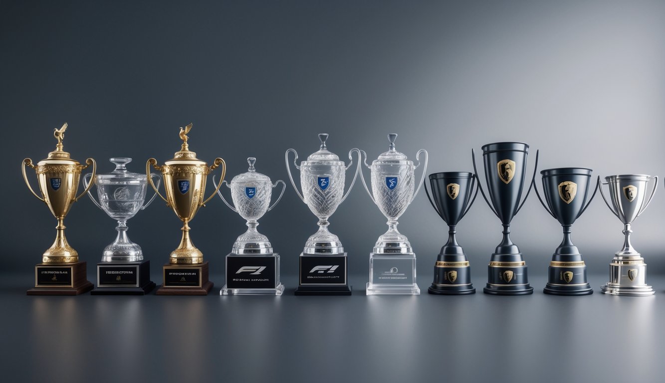 Deretan trofi dan logo kejuaraan Formula 1 dari masa ke masa yang tersusun rapi dalam sebuah garis waktu.