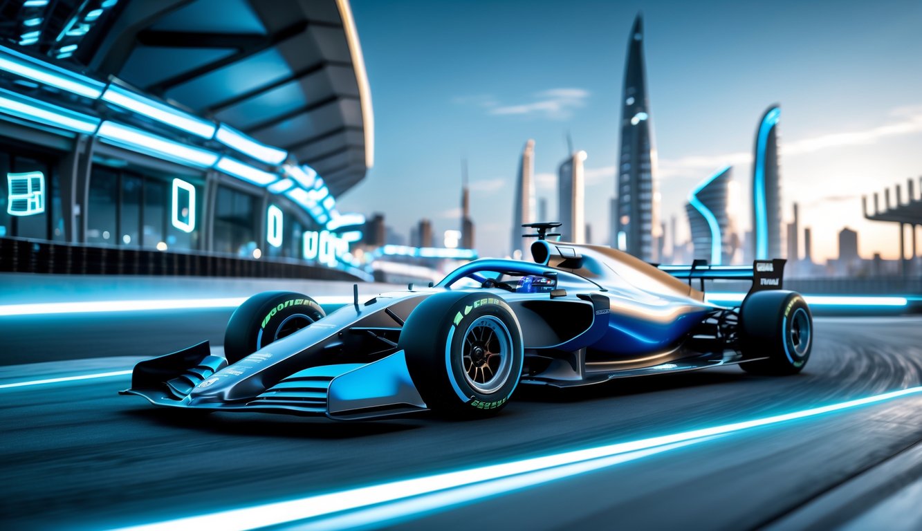 Mobil balap Formula 1 futuristik berwarna perak dan biru di lintasan balap dengan latar belakang kota modern dan gedung pencakar langit yang terang.