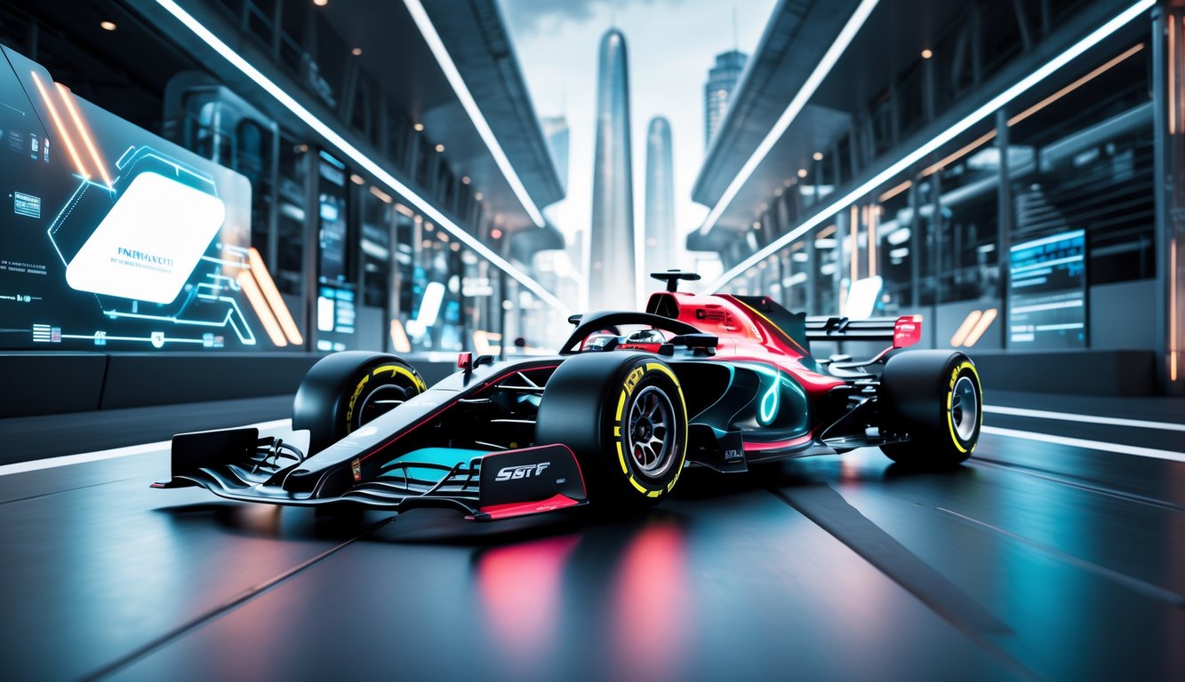 Mobil balap Formula 1 futuristik berdesain elegan di lintasan balap dengan latar belakang kota modern dan elemen teknologi canggih.