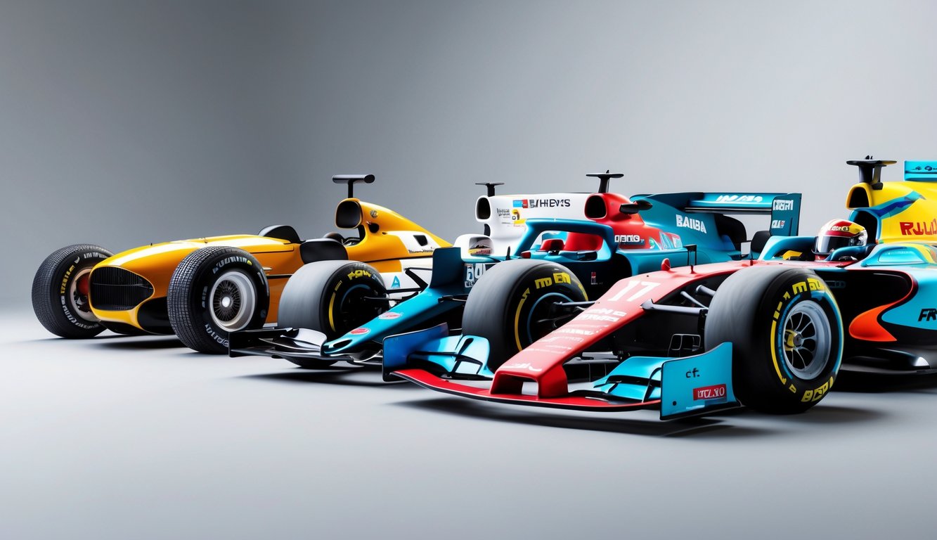 Deretan mobil balap Formula 1 dari berbagai era yang menunjukkan perubahan desain dari mobil klasik hingga modern.
