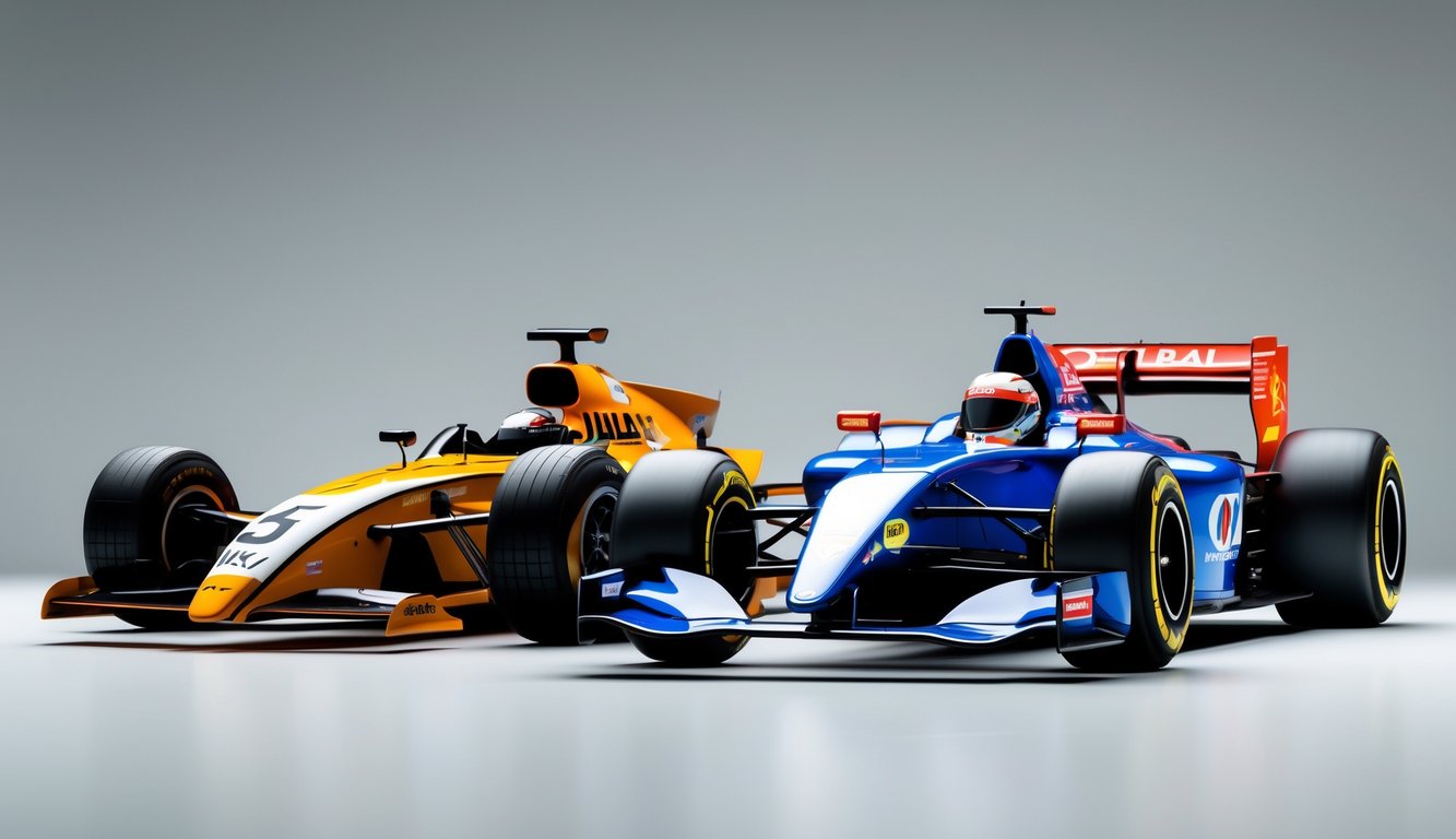 Dua mobil balap Formula 1 berdampingan, satu model klasik dan satu model modern, menunjukkan evolusi desain kejuaraan F1.