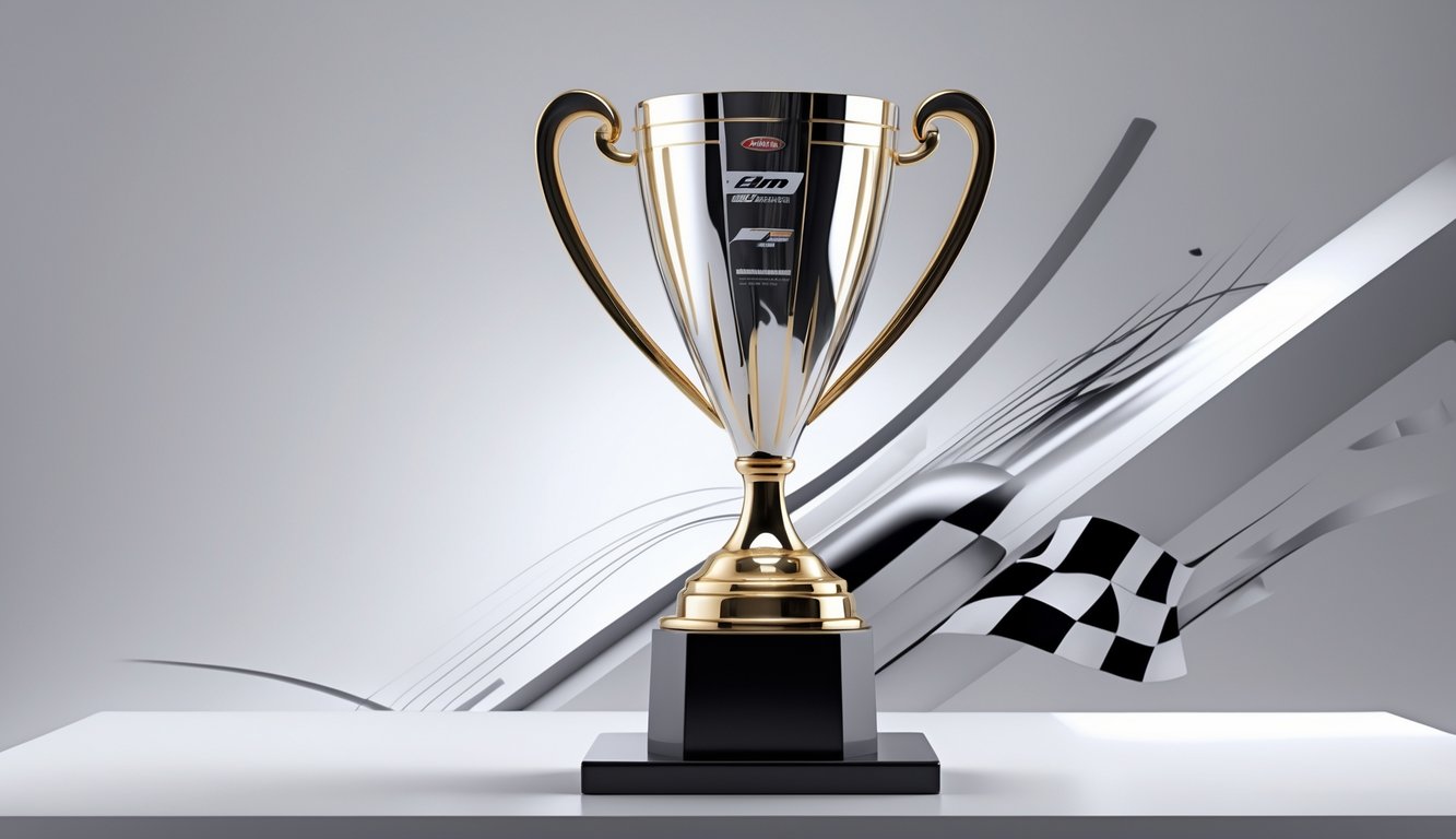 Piala Kejuaraan Formula 1 yang elegan dan modern dipajang di atas sebuah pedestal dengan latar belakang studio yang bersih dan pencahayaan lembut.