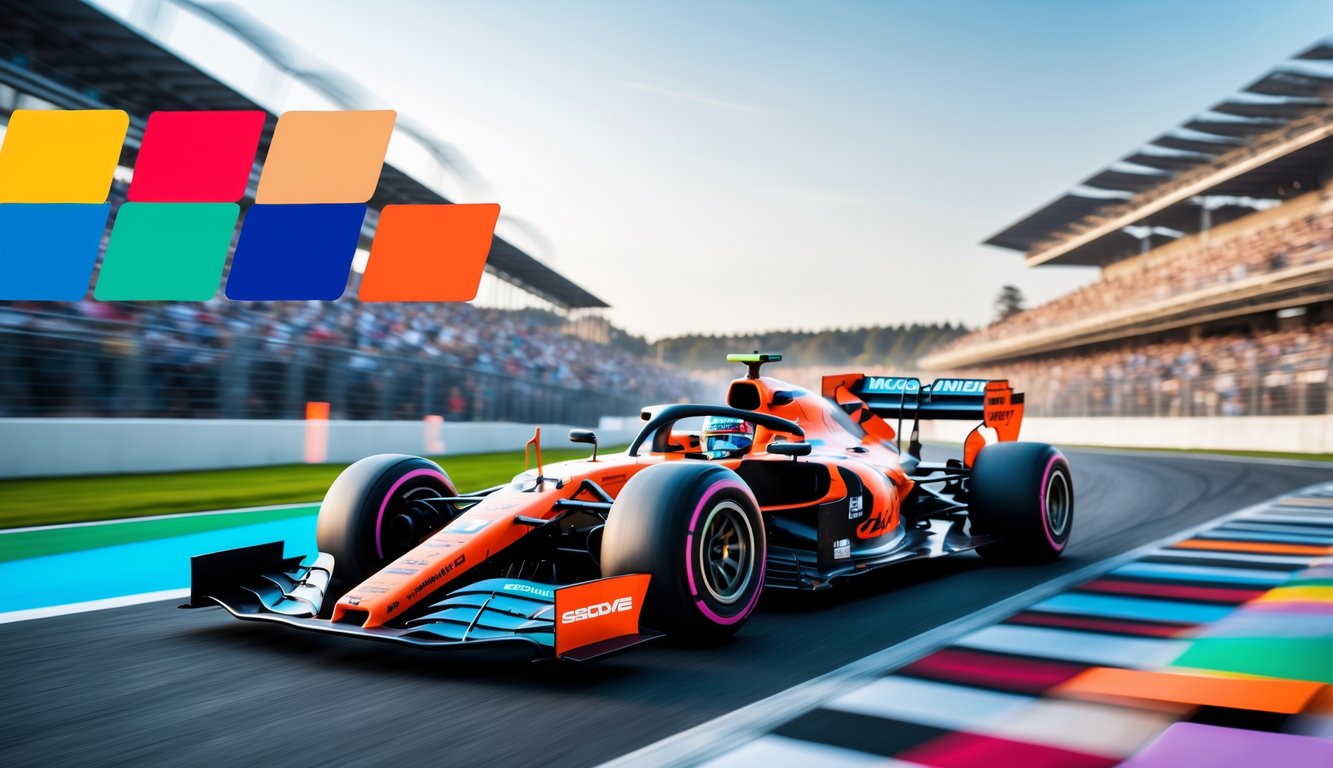 Mobil balap Formula 1 sedang melaju kencang di lintasan dengan latar belakang tribun penonton dan elemen desain visual yang samar di sekitar.