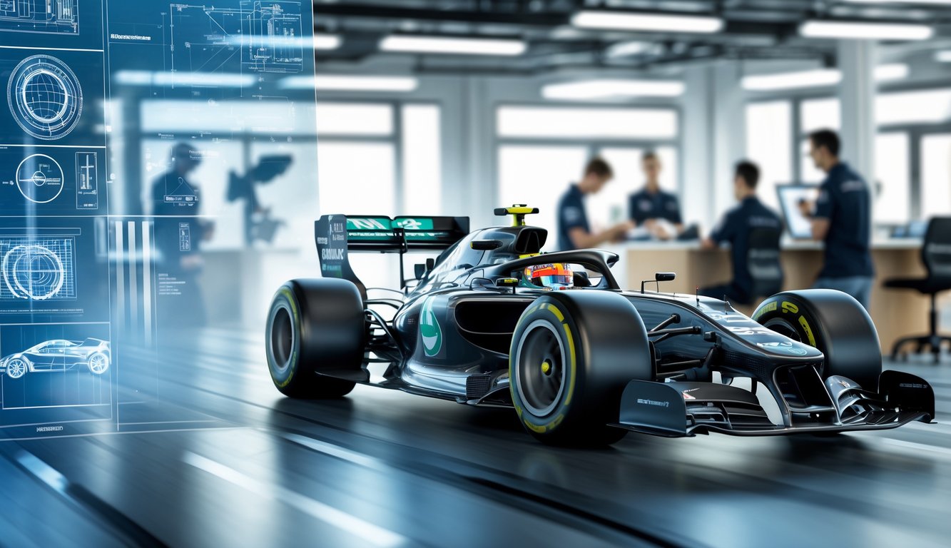Mobil balap F1 modern sedang melaju di lintasan dengan latar belakang studio desain dan sketsa teknis.