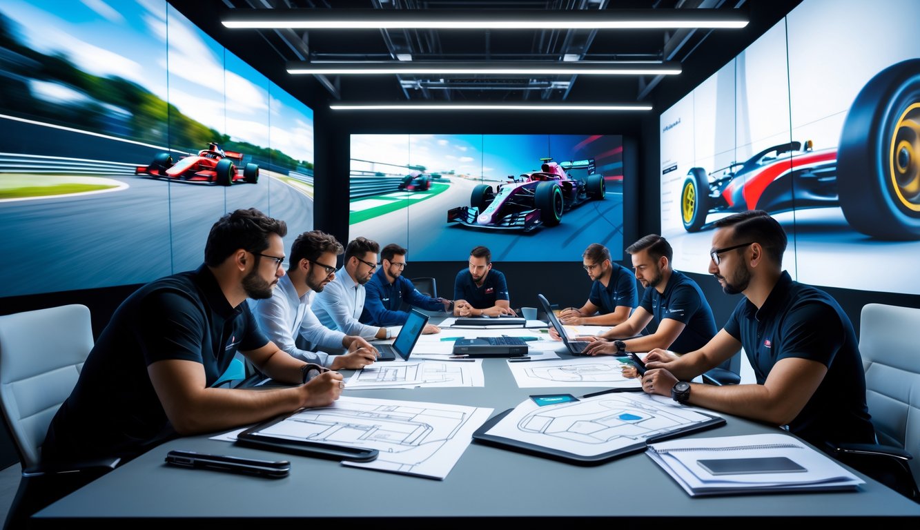 Tim desainer sedang bekerja sama di studio modern dengan model mobil F1 dan layar yang menampilkan sirkuit balap serta elemen desain kejuaraan F1.