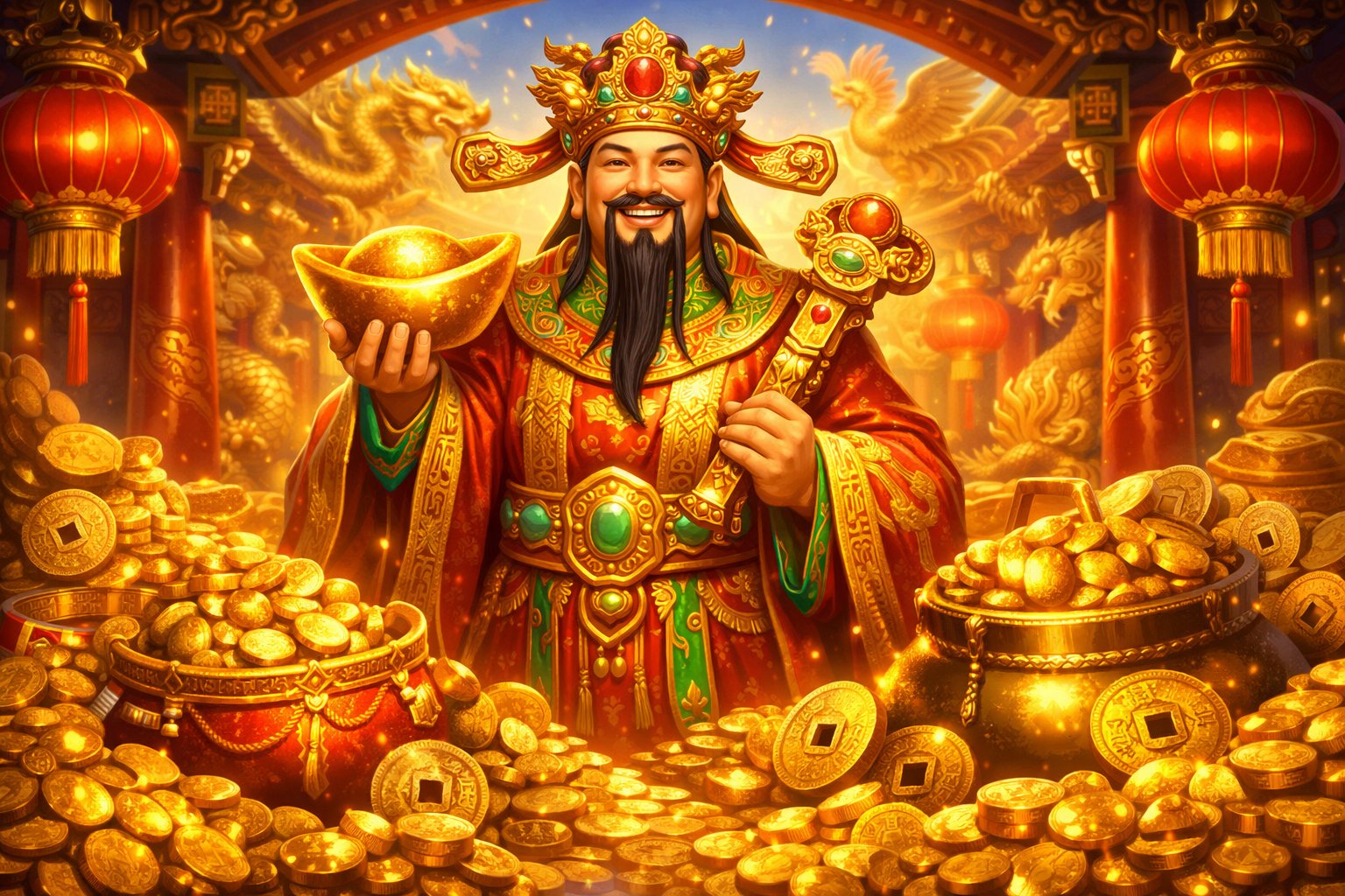 A Depiction Of Caishen, The Chinese God Of Wealth, Surrounded By Gold Coins And Traditional Chinese Symbols In A Temple Courtyard.