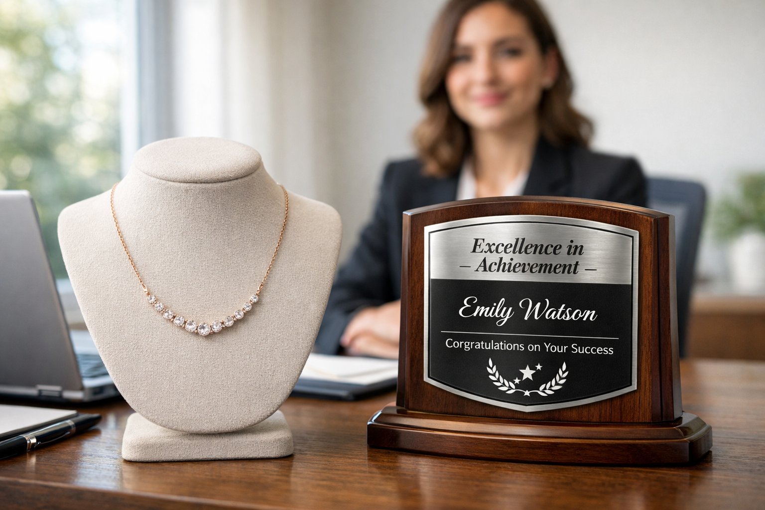 A modern office desk with a delicate necklace next to an engraved desk decor piece, with a smiling woman in business attire blurred in the background.
