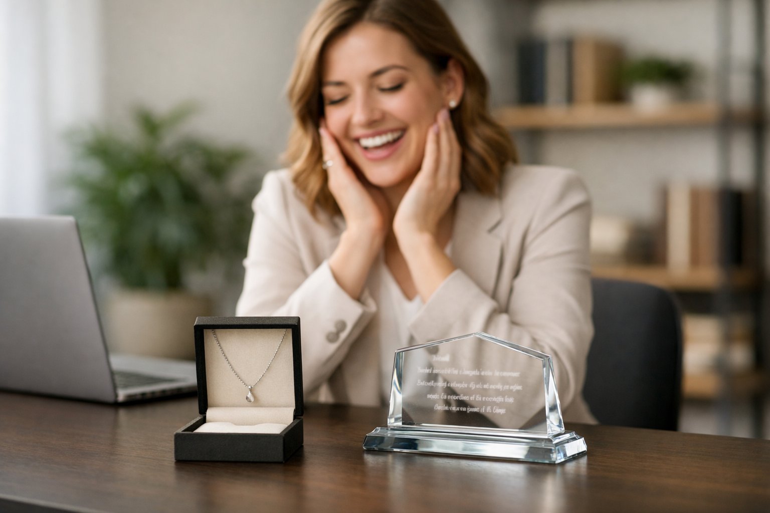 A young woman in business attire smiling at a modern office desk displaying an elegant necklace and an engraved desk decor item.