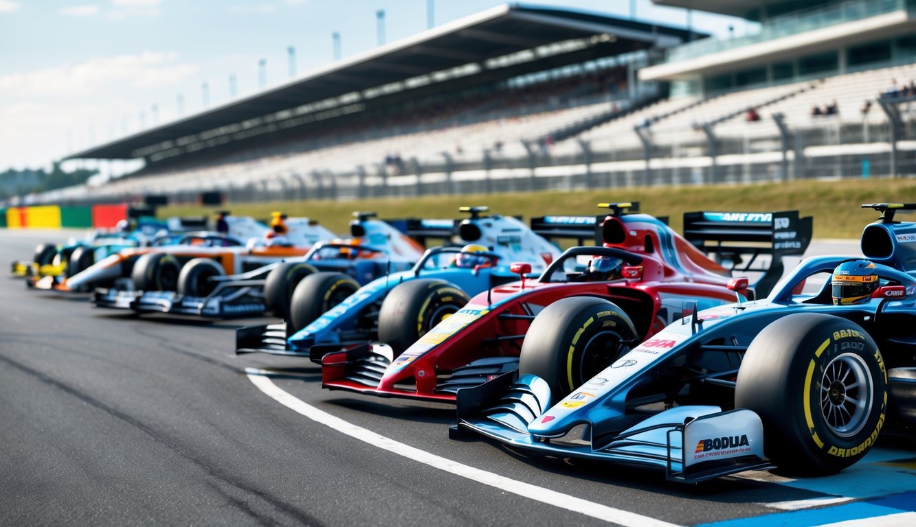 Beberapa mobil Formula 1 dari berbagai musim berjajar berdampingan di lintasan balap, menunjukkan perbedaan desain mereka.