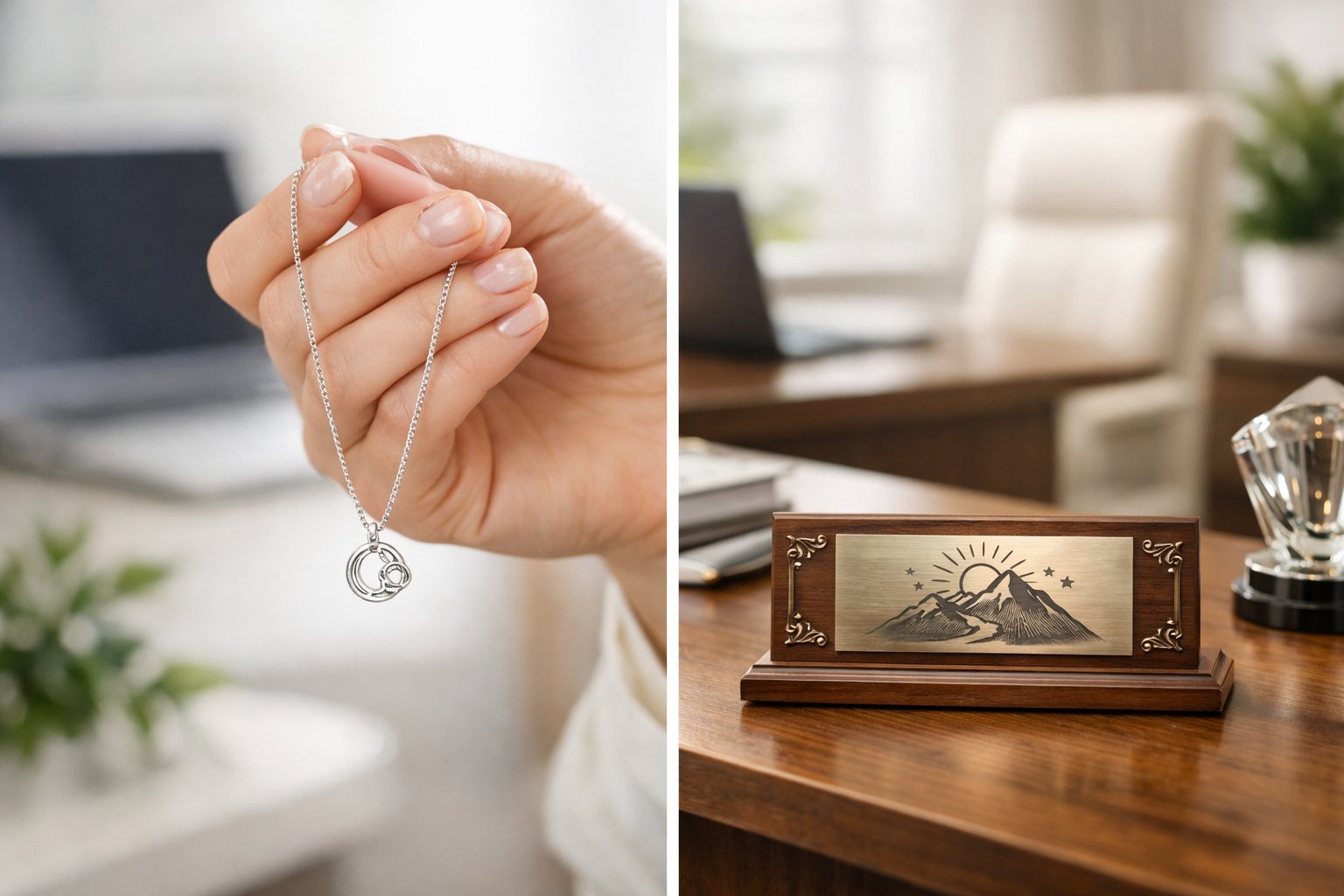 A woman's hand holding a delicate necklace next to an engraved wooden desk plaque in a modern office setting.