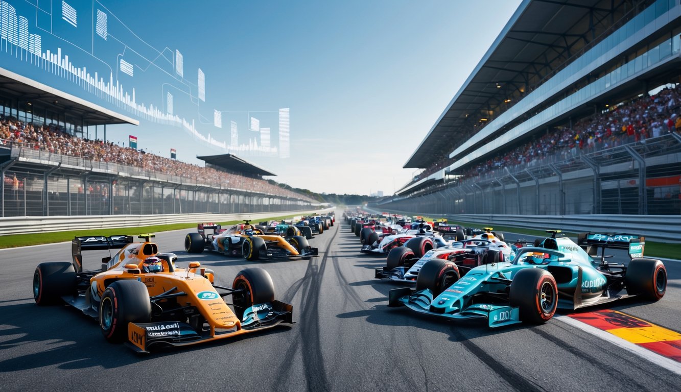 Beberapa mobil Formula 1 dengan desain berbeda dari berbagai musim berjejer di lintasan balap dengan penonton di tribun dan langit cerah di latar belakang.