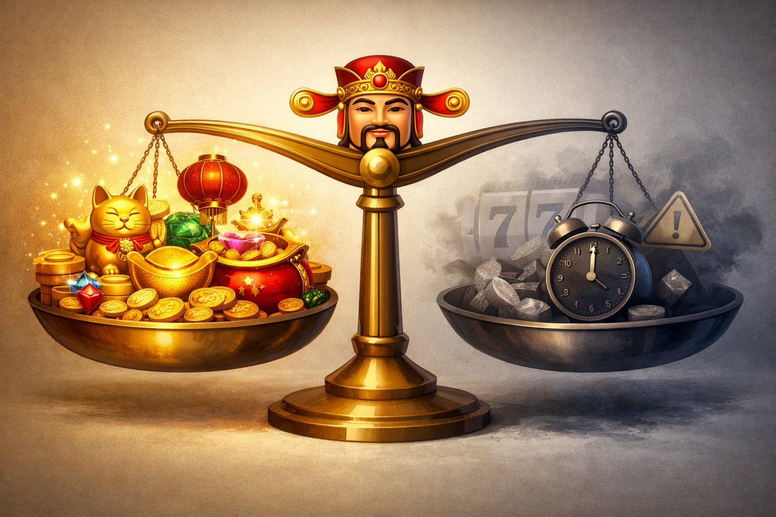 A Balanced Scene Showing Golden Coins And Lucky Symbols On One Side And Subtle Shadows With Slot Machine Reels On The Other, Representing Pros And Cons.