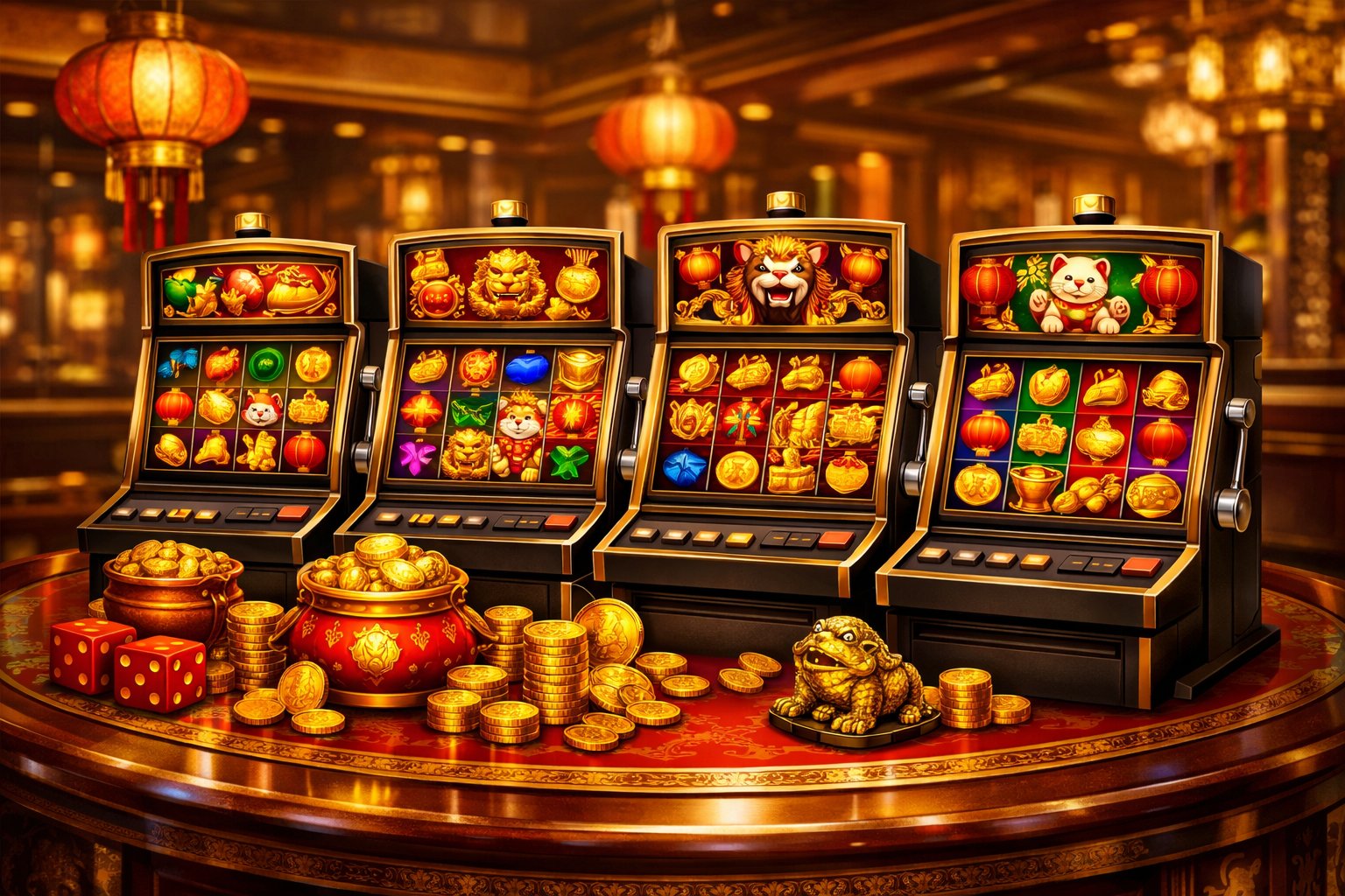 A Casino Table Displaying Several Slot Machines With Colorful Reels Featuring ChineseThemed Symbols Like Coins, Dragons, And Lanterns.