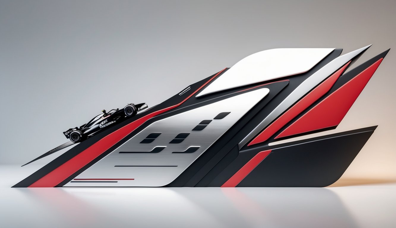 Konsep desain logo dan identitas visual bertema Kejuaraan F1 dengan elemen balap dan garis dinamis.