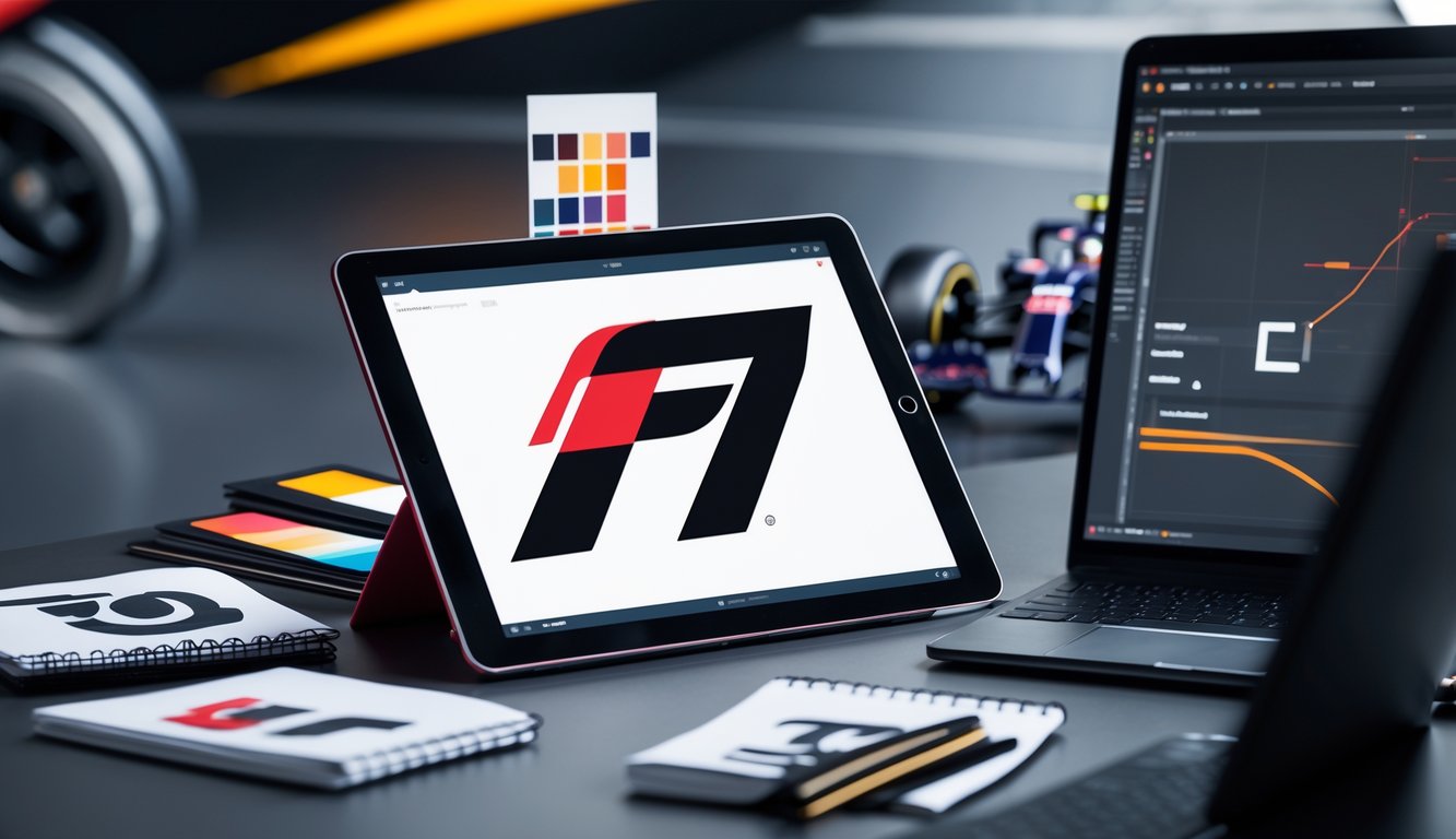 Ruang kerja modern dengan tablet digital menampilkan konsep logo F1, alat desain, dan latar belakang siluet mobil balap.