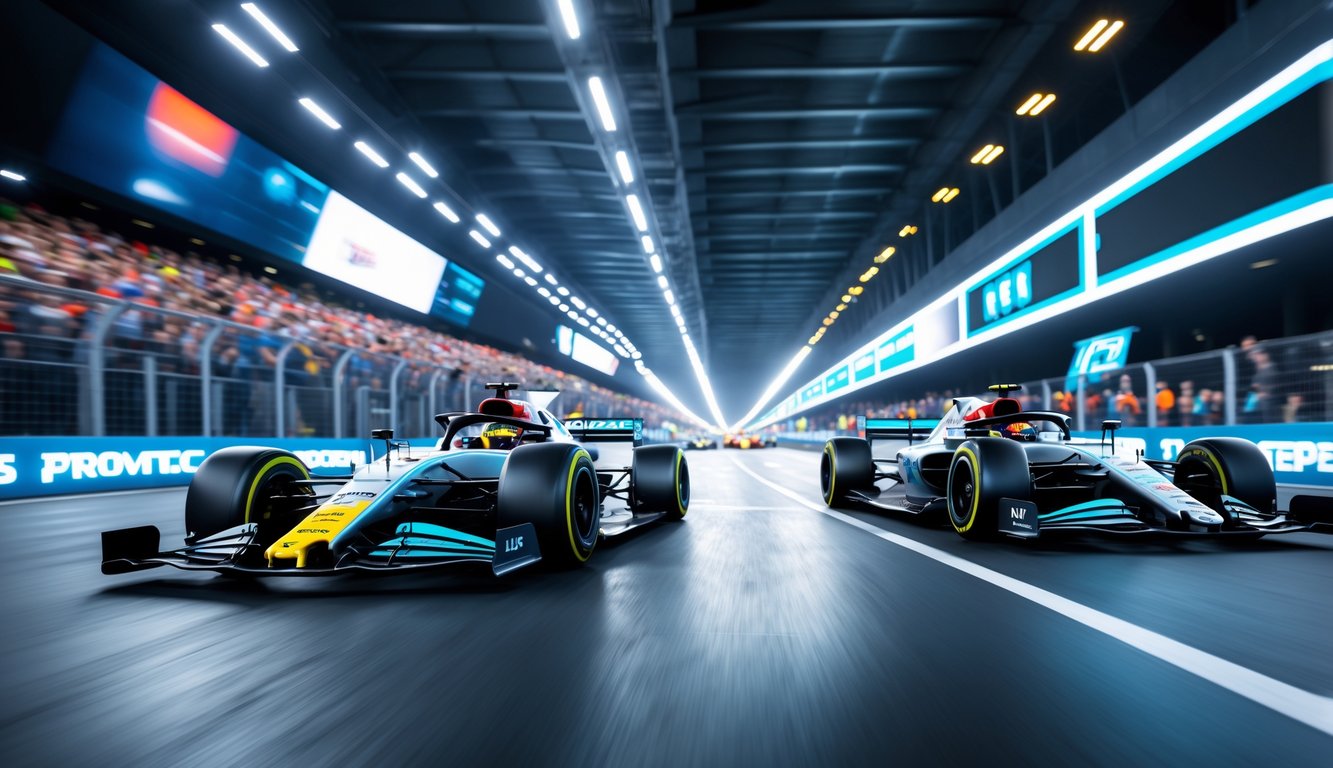 Mobil balap Formula 1 futuristik melaju di lintasan balap modern dengan penonton di latar belakang.