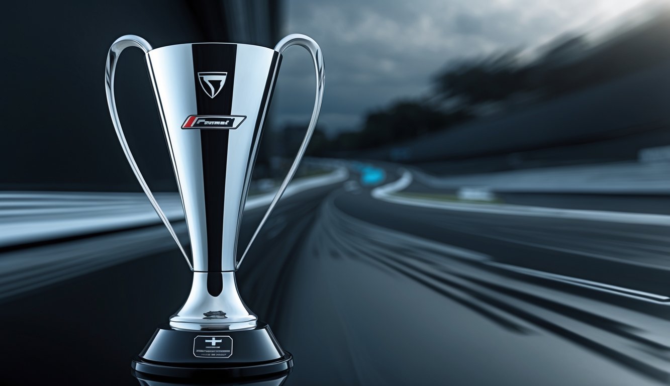 Piala kejuaraan F1 yang elegan dengan latar belakang lintasan balap yang kabur.