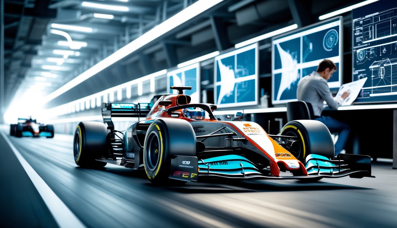 Mobil Formula 1 melaju di lintasan balap dengan seorang desainer yang sedang menganalisis gambar desain di latar belakang.