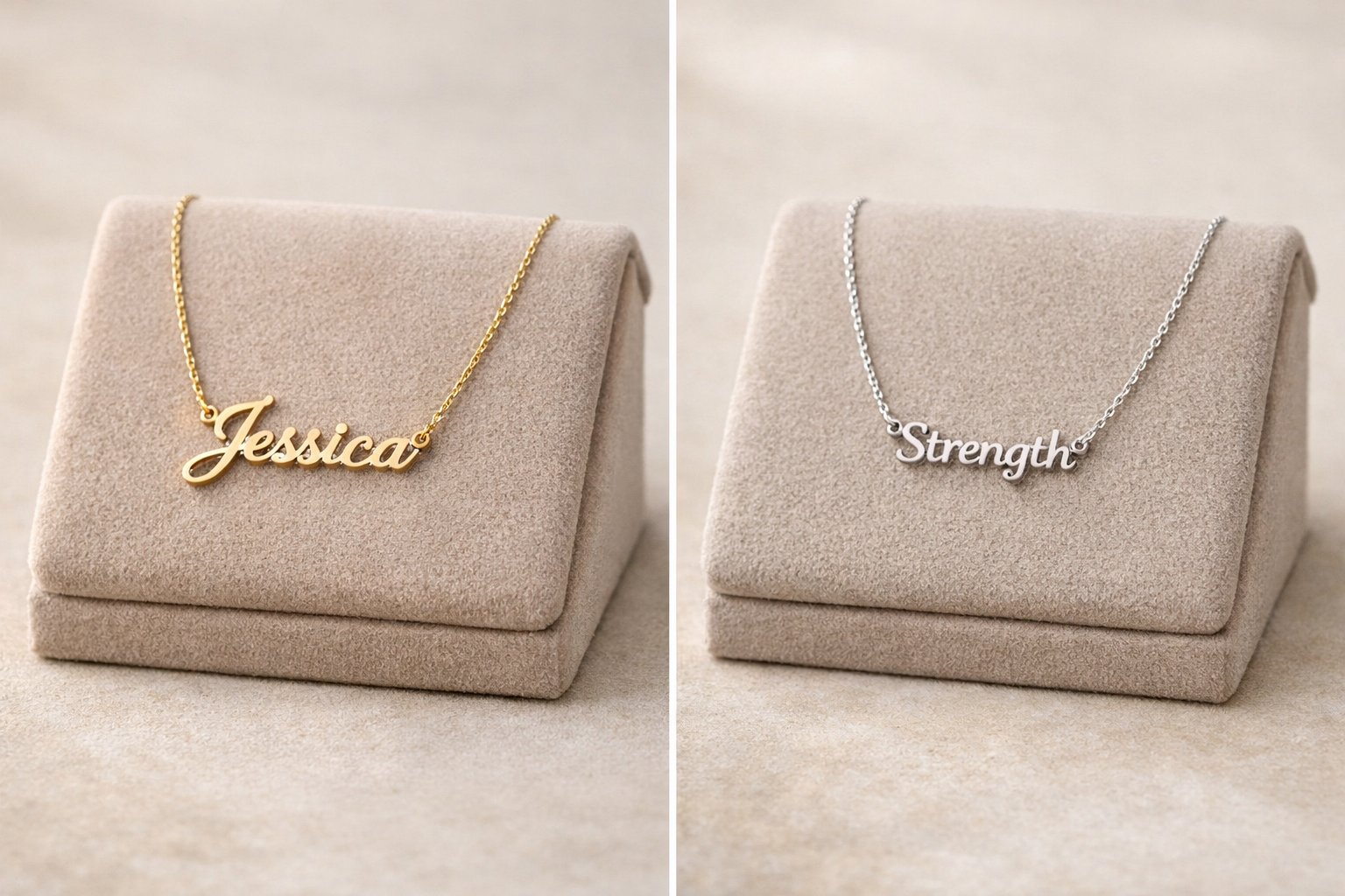 Two elegant necklaces displayed side by side on soft stands, one with a custom name pendant and the other with an inspirational word pendant.