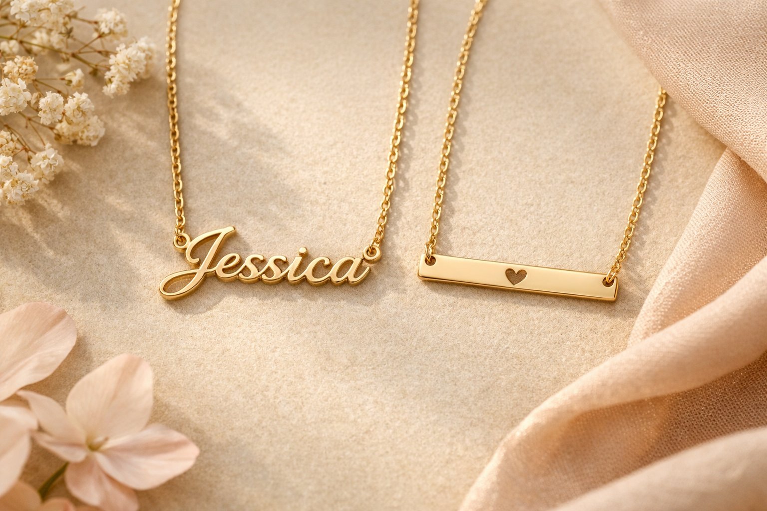 Close-up of two necklaces displayed on a soft background, one with a custom name pendant and the other with an encouragement charm, surrounded by gentle floral accents.