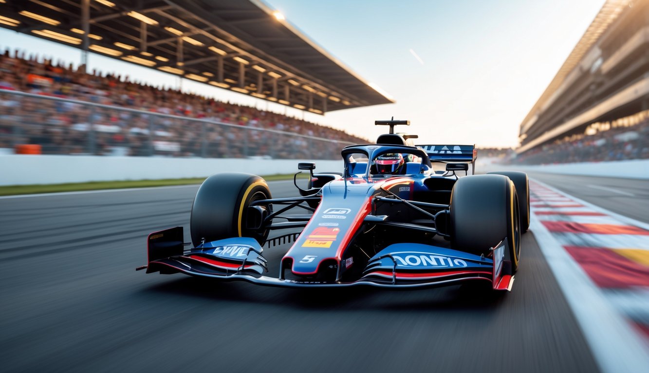 Mobil Formula 1 berwarna cerah sedang melaju kencang di lintasan balap dengan penonton di tribun di latar belakang.