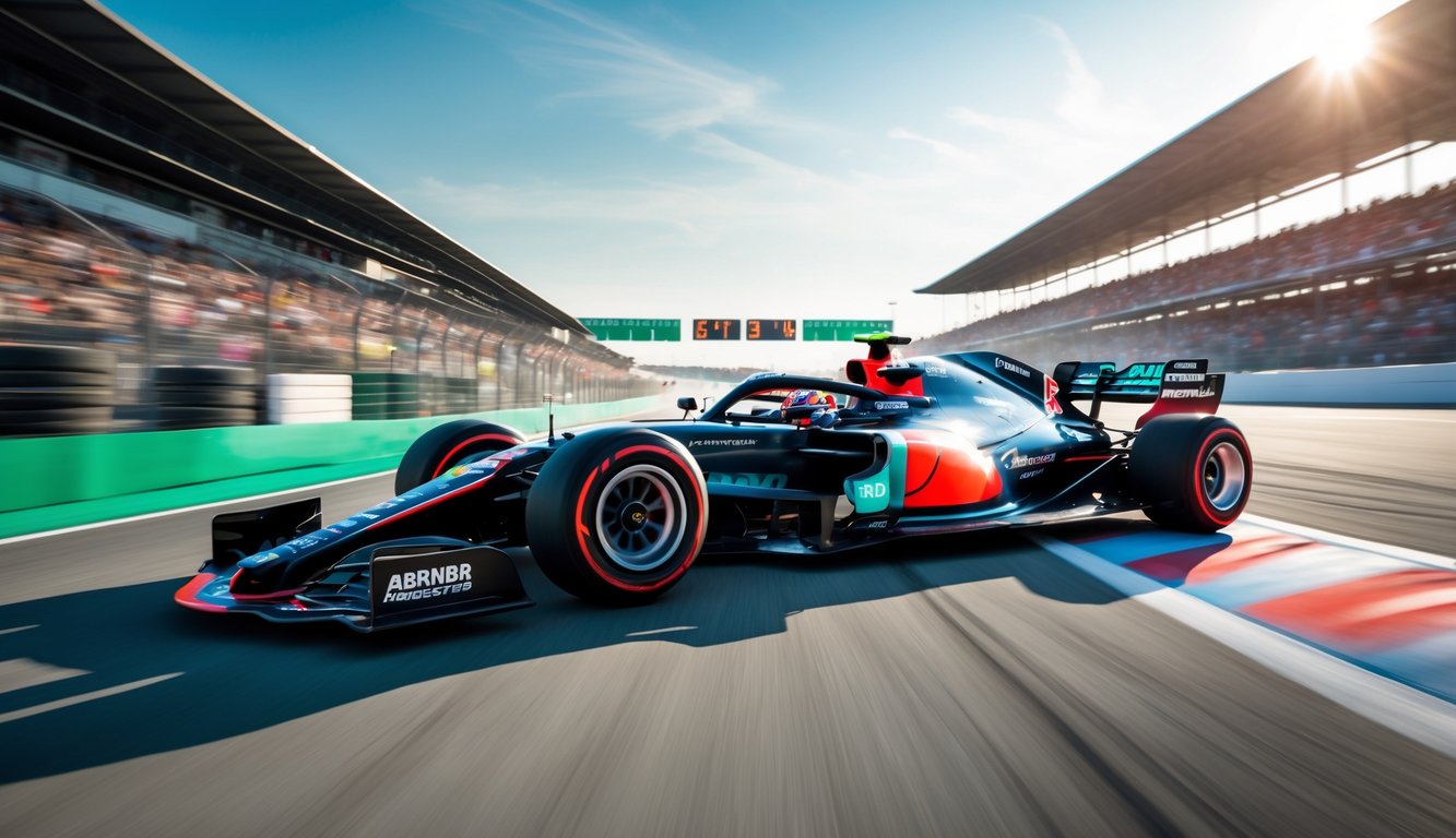 Mobil Formula 1 modern melaju cepat di lintasan balap dengan penonton di tribun dan langit cerah.