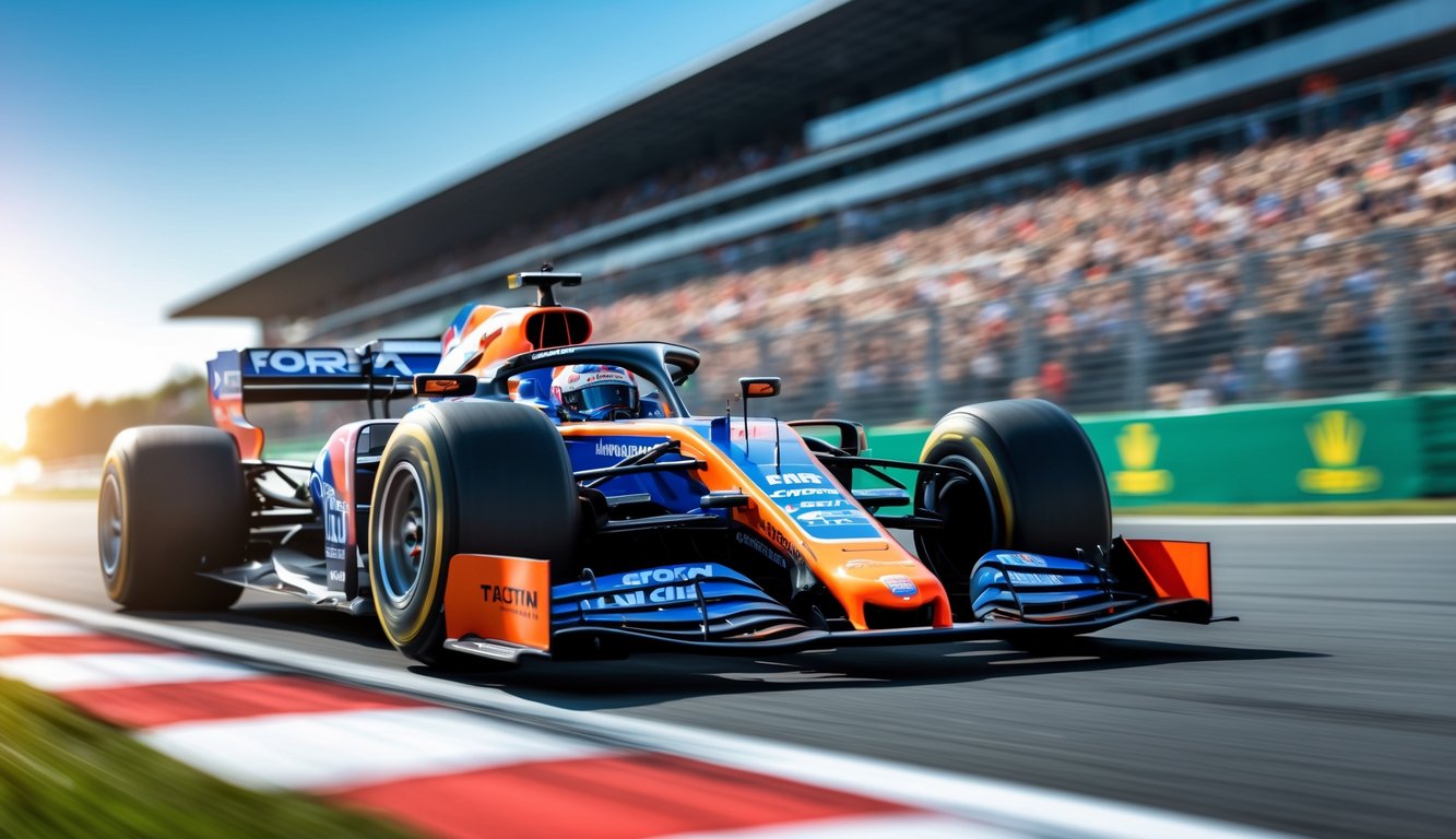 Seorang pembalap Formula 1 sedang mengendarai mobil balap di lintasan dengan penonton di latar belakang.