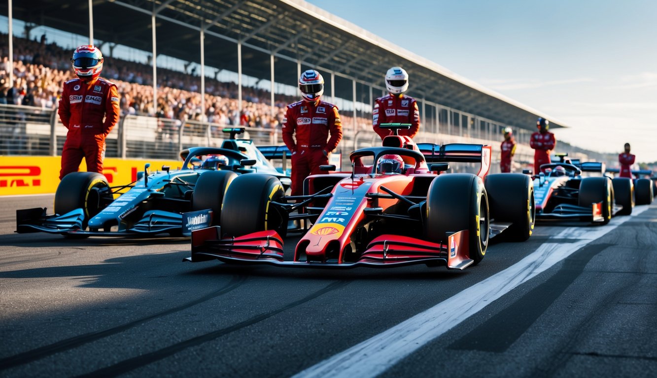 Beberapa pembalap Formula 1 berdiri di depan mobil balap mereka di lintasan dengan penonton di latar belakang.