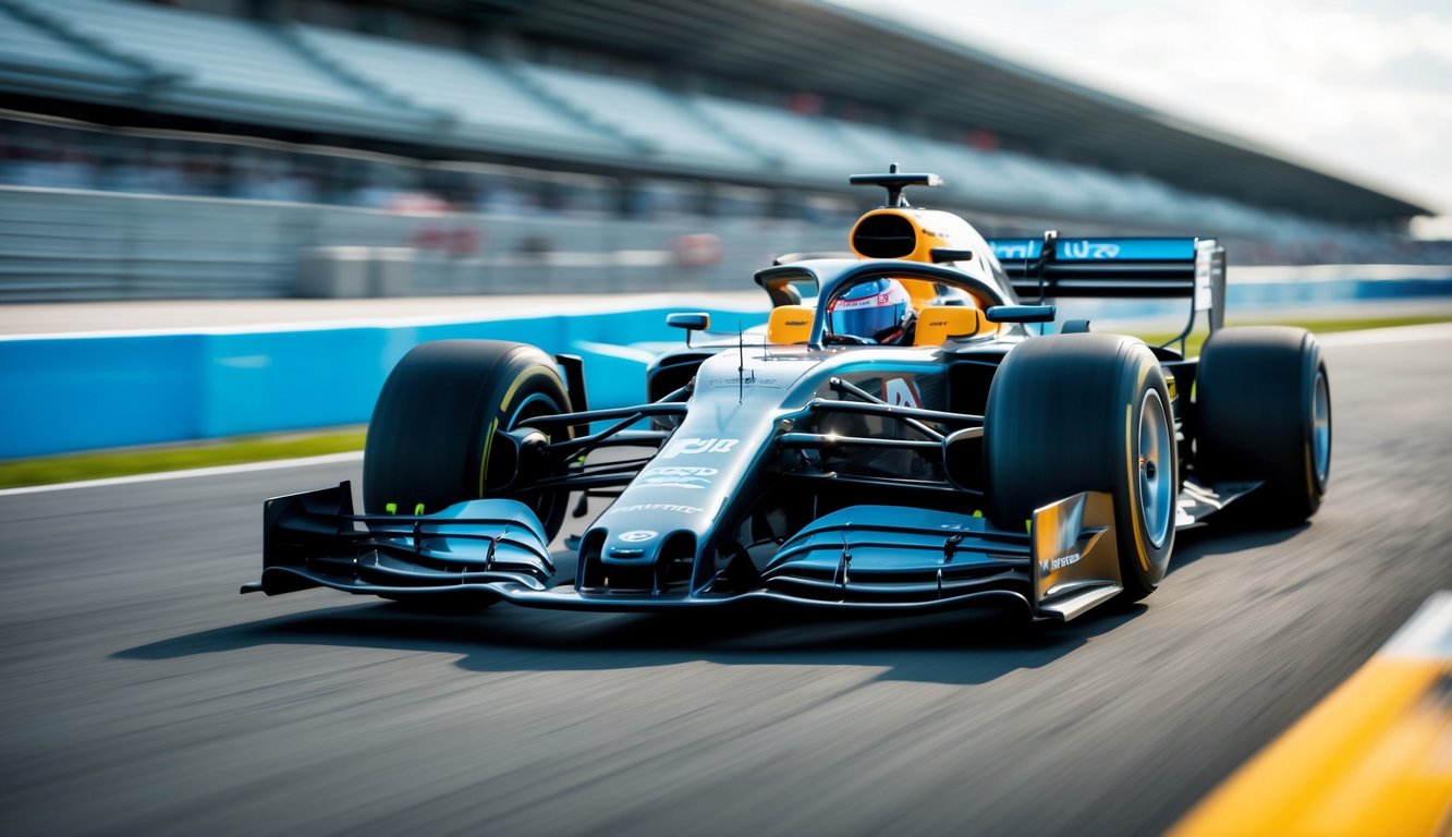 Mobil Formula 1 berteknologi tinggi sedang melaju di lintasan balap dengan latar belakang tribun penonton dan langit cerah.