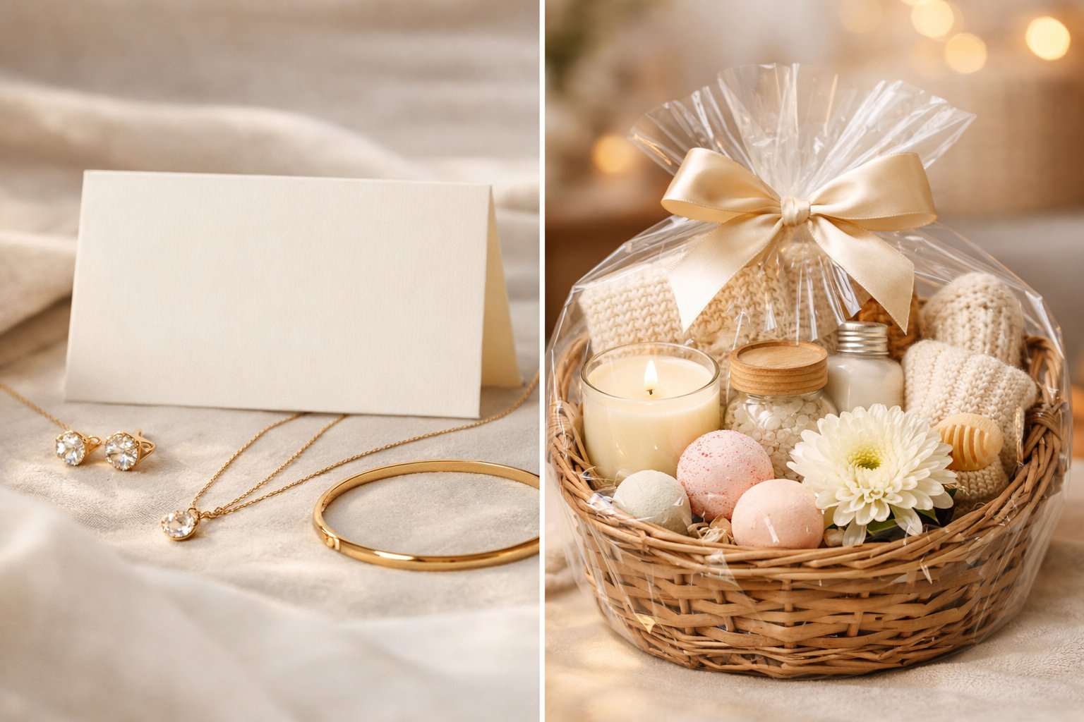 A close-up of a message card with jewelry on one side and a self-care gift basket with candles and bath items on the other side.