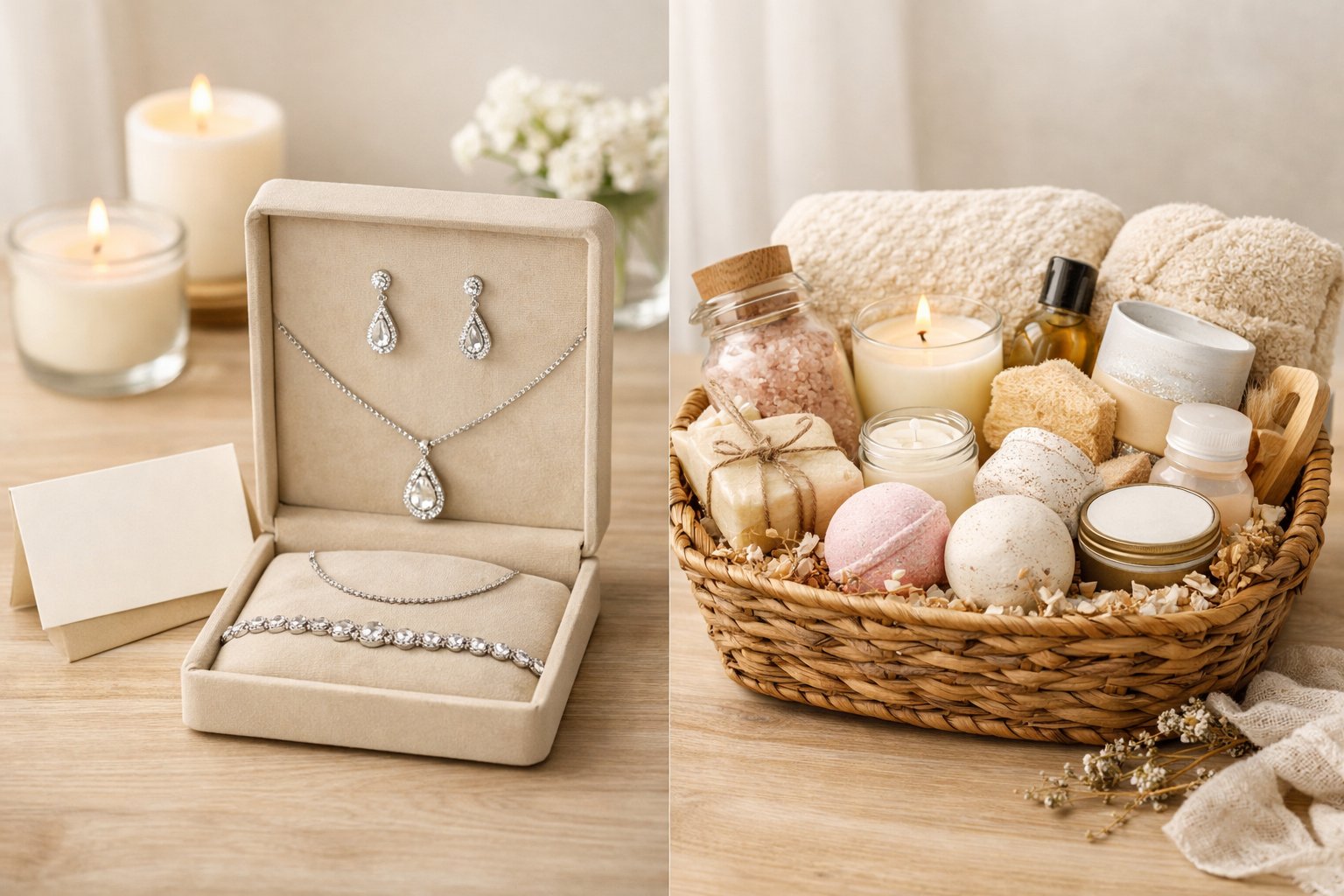 A scene showing a jewelry set on a velvet cushion next to a self-care gift basket with candles and skincare items on a softly lit table.