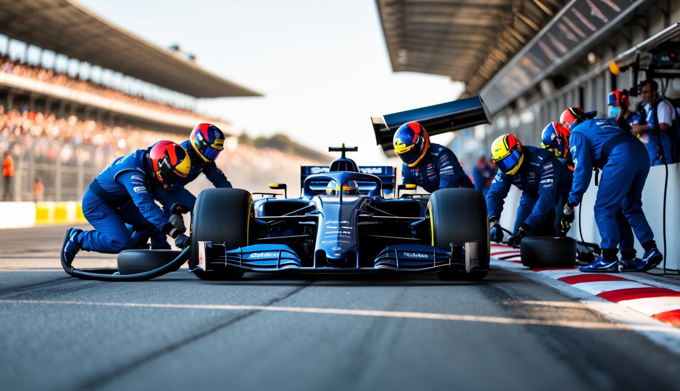 Tim pit stop Formula 1 sedang bekerja cepat mengganti ban mobil balap di lintasan dengan penonton di latar belakang.