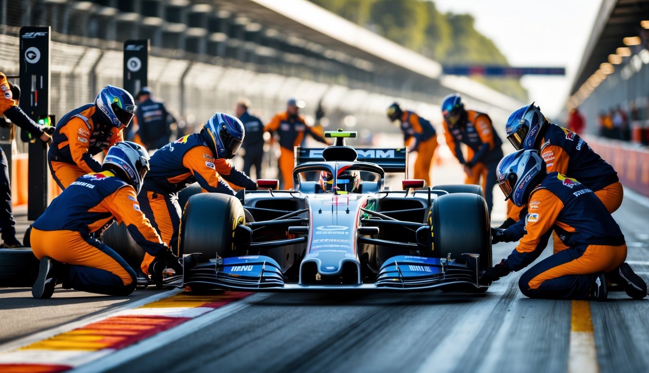 Adegan pit stop Formula 1 dengan kru sedang mengganti ban mobil balap di lintasan.