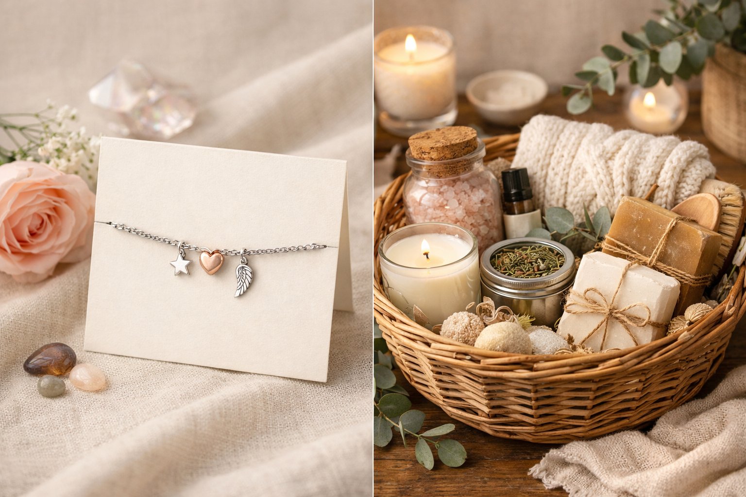 A delicate piece of message card jewelry placed next to a self-care gift basket with candles, bath salts, and cozy items on a soft fabric background.