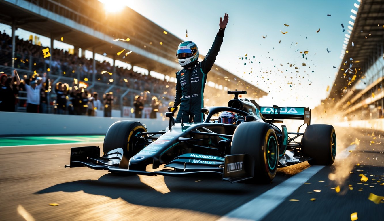 Mobil Formula 1 melaju melewati garis finish dengan pengemudi mengangkat tangan merayakan kemenangan di sirkuit yang ramai penonton.