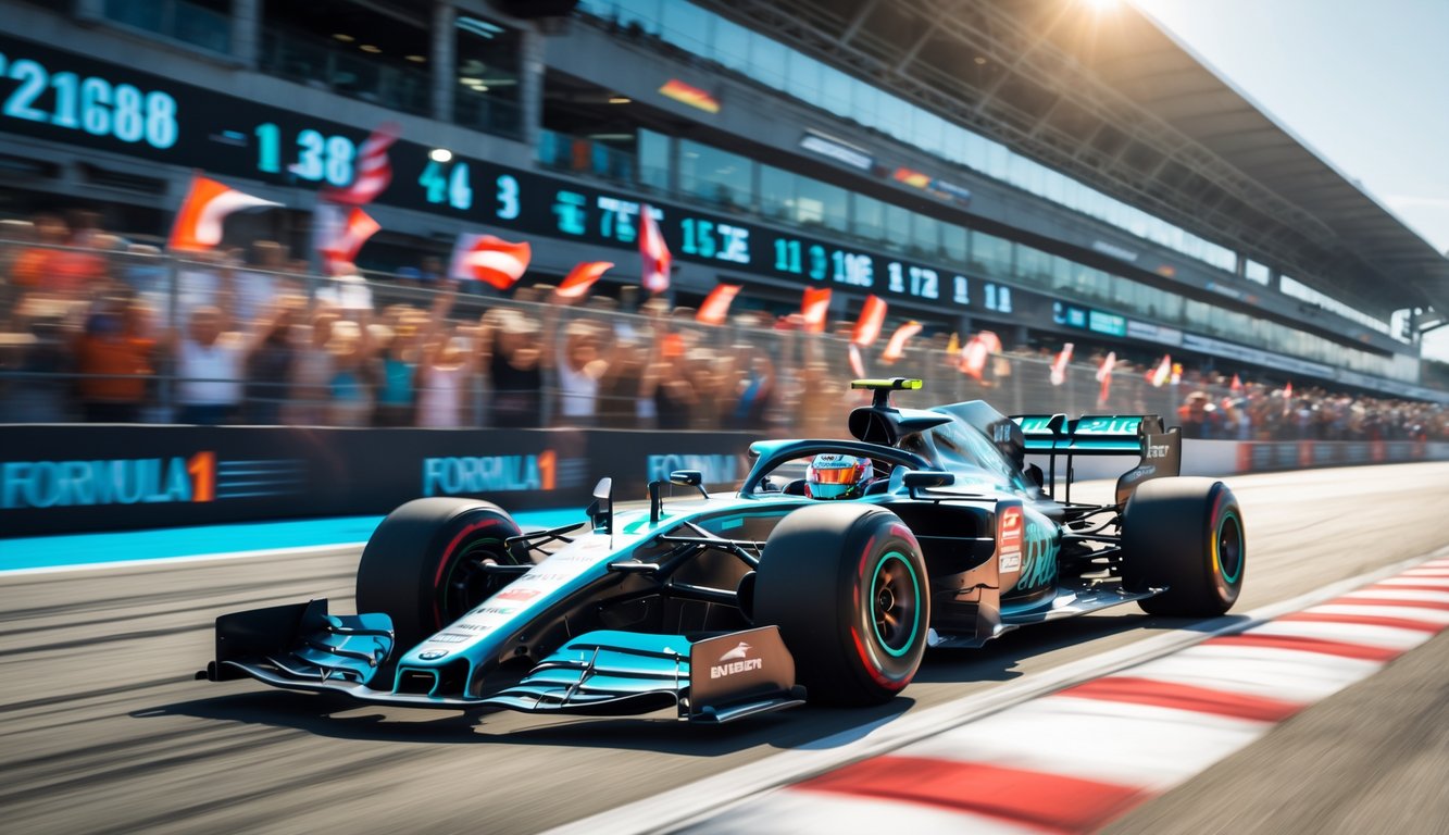 Mobil Formula 1 melaju cepat di lintasan balap dengan papan skor besar di latar belakang dan penonton merayakan kemenangan.