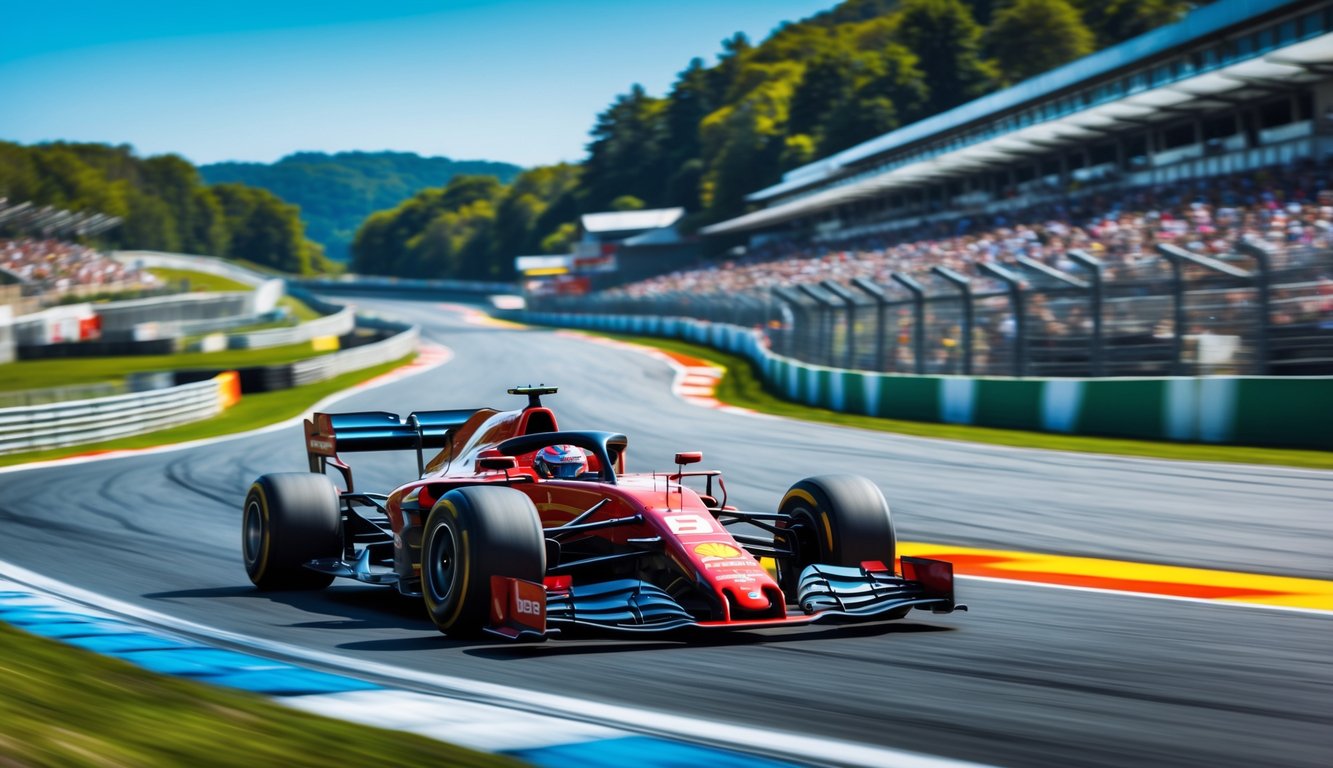 Mobil Formula 1 melaju cepat di sirkuit dengan tikungan tajam dan penonton di tribun.