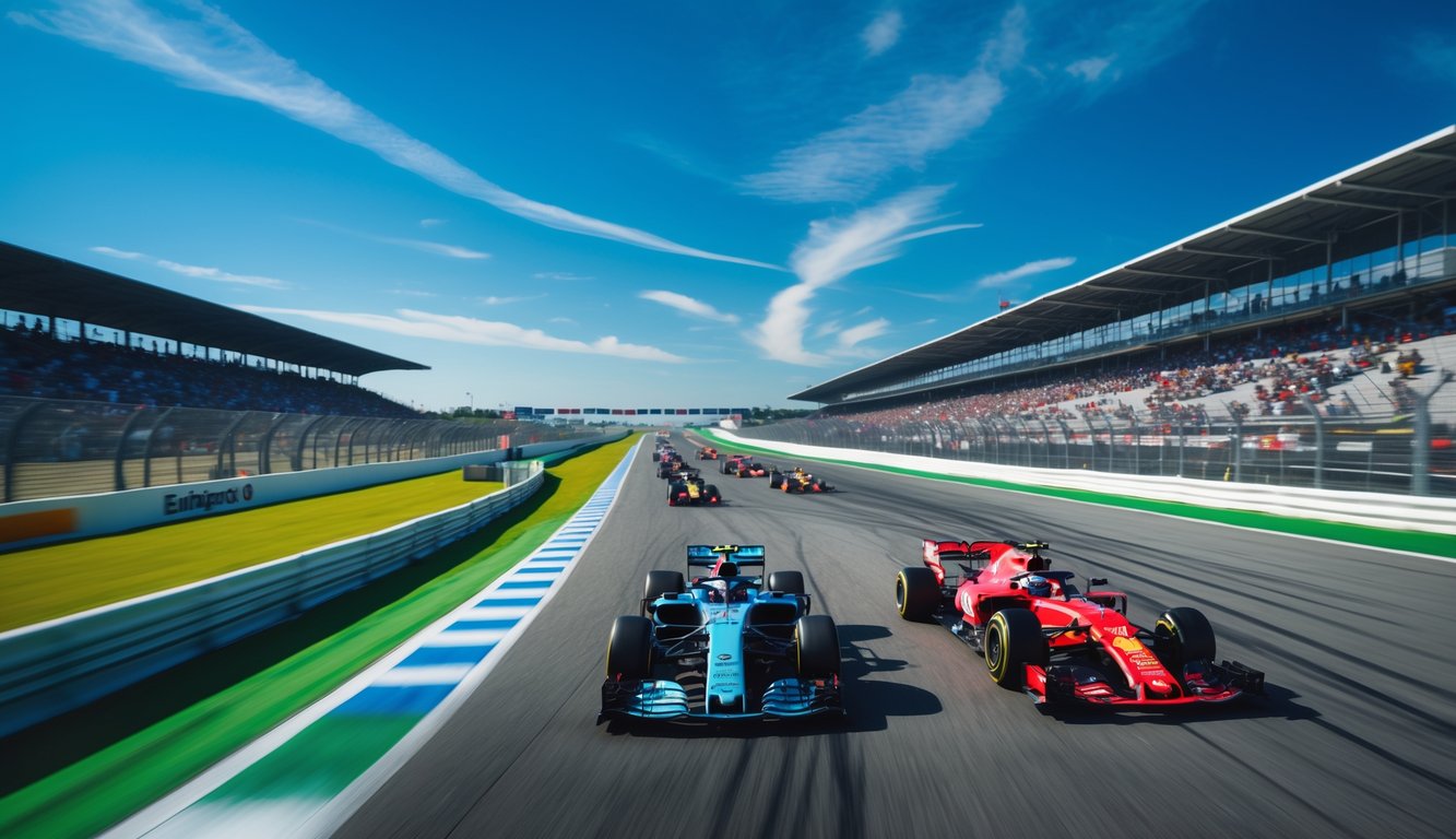 Sirkuit Formula 1 dengan lintasan berkelok dan lurus, mobil balap melaju cepat, penonton di tribun, dan langit cerah.