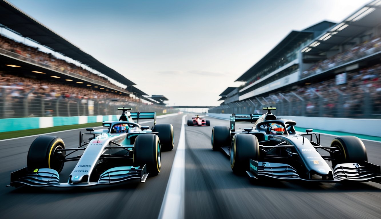 Dua mobil Formula 1 dari era klasik dan modern sedang berlomba di lintasan dengan penonton di latar belakang.